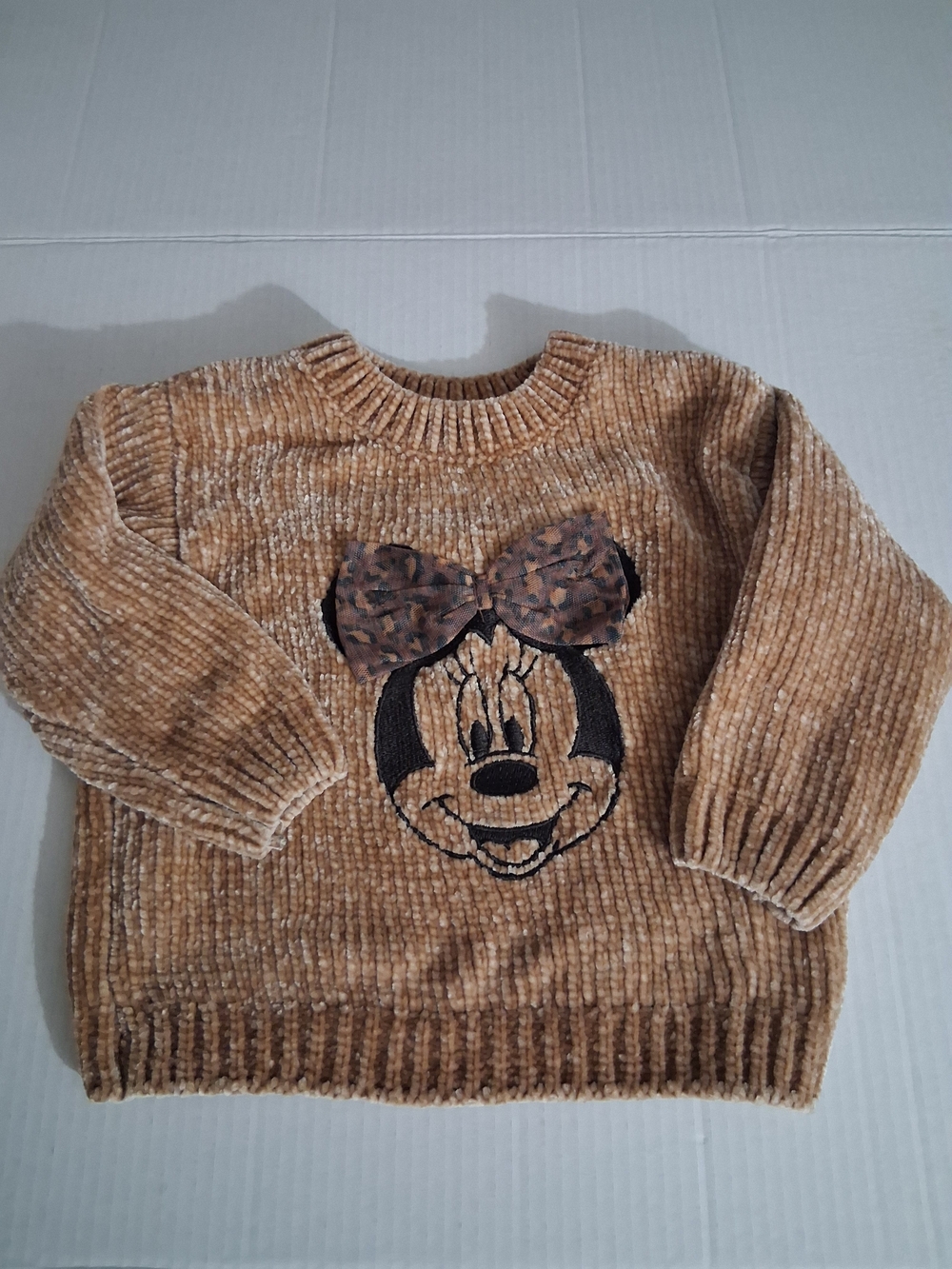 Disney Brown 2T Chenille Minnie Mouse Sweater with Animal Print Bow